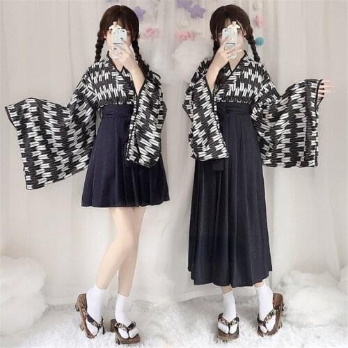 Kimono Dress Feather Japanese Style Girls Yukata Full Sleeve Haori Pleated Skirts Samurai Costume Party Halloween Cosplay