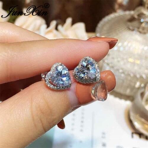 JUNXIN Girls Cute Heart Stud Earrings For Women White Gold Filled Brilliant White Zircon Austrian Crystal Wedding Studs