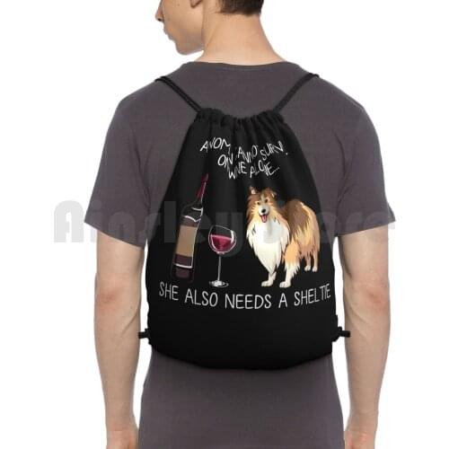 Sheltie And Wine Funny Dog Backpack Drawstring Bags Gym Bag Waterproof Dog Dog Mom Funny Dog Dog And Wine Doggy Funny Cat