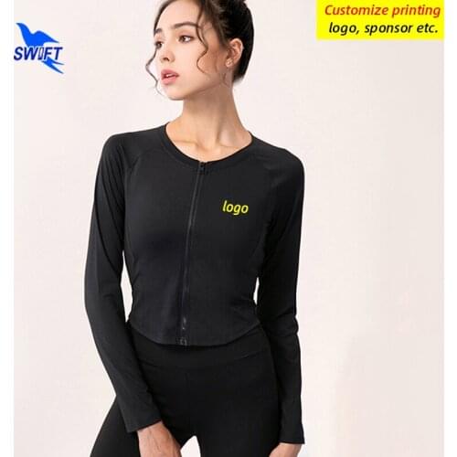 2021 Spring Women Long Sleeve Running Crop Tops Sexy Zipper Yoga Shirt Solid Quick Dry Fitness Gym Sportswear T-shirts Customize