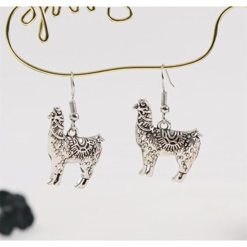 Vintage Silver Color Metal Animal Printing Sheep Alpaca Printing Dangle Earrings For Women Girls Party Jewelry Gifts