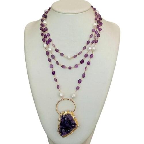 YYGEM 3Strands Natural Amethyst Druzy Rough Pendant Freeform Amethyst White Pearl Link Chain statement Necklace 18"