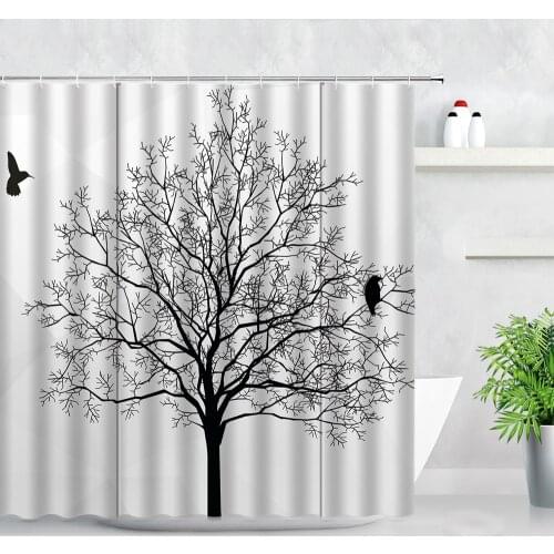 Plant Tree Waterproof Fabric Shower Curtains Black White Branches Bird Modern Simplicity Art Decor Screens Bathroom Curtain Set