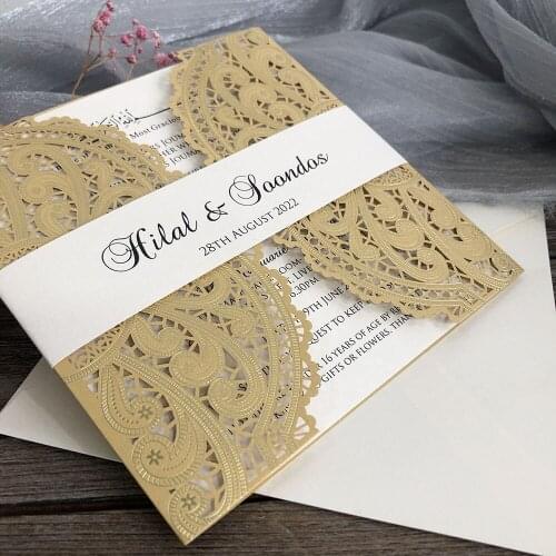 Pearlised Gold Laser Cutting Wedding Invitation with Envelope and Belly Band,50pcs