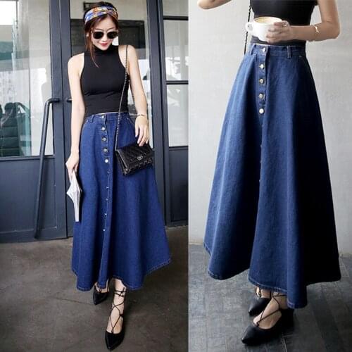 2021 Denim Skirts Women Solid Color Long Skirt Single-Breasted Casual Button Jean A-line Skirt BSQ242