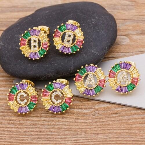 2020 New Fashion 26 Initial A-Z Stud Earrings Personal Gift for Women Cute Alphabet Copper Zirconia Colorful Earrings Jewelry
