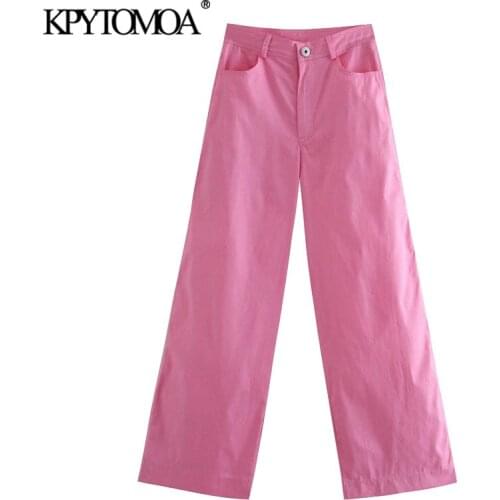 KPYTOMOA Women 2020 Chic Fashion Side Pockets Wide Leg Pants Vintage High Waist Zipper Fly Female Trousers Mujer