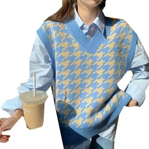 Women Houndstooth Vest Sweater 2021 Fashion Knitted Sweater Loose Vintage Female Waistcoat Chic Oversize Sweater Tops