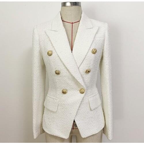 HIGH QUALITY Newest 2021 Fall Winter Fashion Designer Jacket Womens Double Breasted Lion Buttons Blended Tweed Blazer
