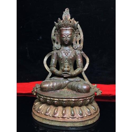 10"Tibet Buddhism Old Bronze Cinnabar Lacquer Longevity Buddha Immortal Life Wisdom Tathagata Enshrine the Buddha