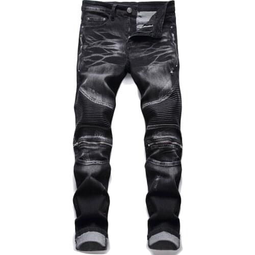 High-quality Men Fashion Distressed Ripped Skinny Jeans Slim Fit Motorcycle Moto Biker Jeans Elastic Denim Hip hop Punk Jeans