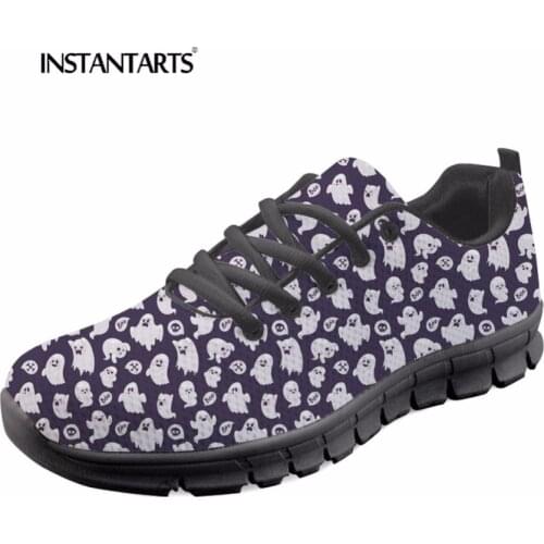 INSTANTARTS Cute Boo Ghost Hunting Pattern Women Breathable Mesh Lace UP Light Sneakers Flats Shoes Woman Flats Shoes Zapatos