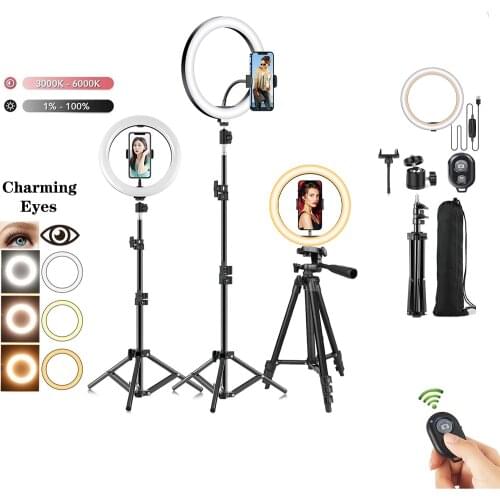 10in LED Selfie Ring Light Photography RingLight Phone Stand Holder Tripod Circle Fill Light Dimmable Lamp Youtube Video Makeup