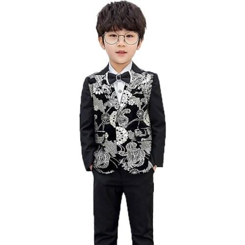 Boys Silver Pressed Jacket+Pants 2Pcs Clothing Set Kids Luxurious Wedding Suit Childrens Day Performance Graduation Dress