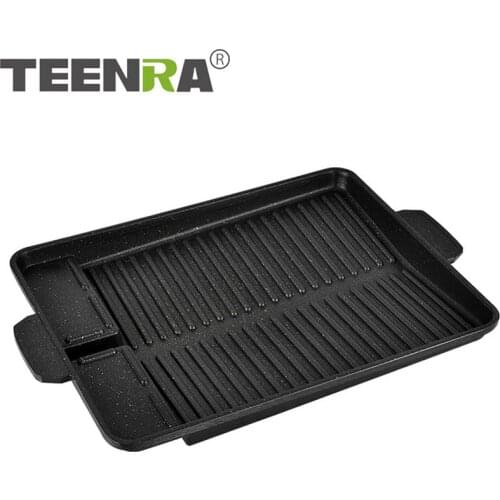TEENRA Medical Stone Barbecue Frying Pan Rectangle Non-Stick Grill Cookware BBQ Tray Korean Outdoor Smokeless Barbecue Plate