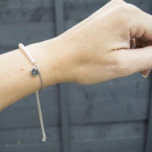 Stainless steel rose gold pink pearl initial bracelet, pearl bracelet, initial bracelet, bridesmaid gift, slider bracelet