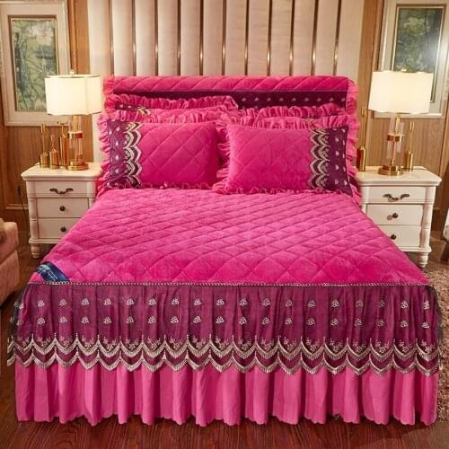New products Thickened flannel with cotton Bed spread Pillowcases 2/3 pcs Pure color Princess Pleated embroidery lace Bedding