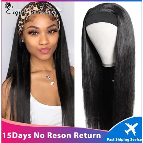 Long Straight Headband Wig Human Hair 10-28 Inch Peruvian Human Hair Wigs for Black Women Full Machine Made Wig 150% Density