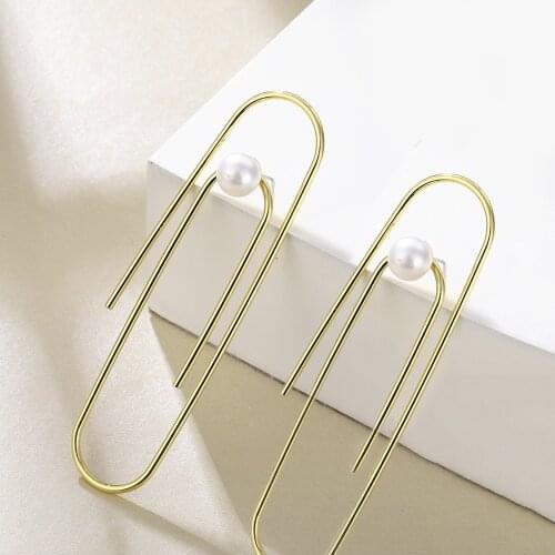 Lost Lady Retro Simulated Pearl Statement Earrings Long Gold Color U Pin Metal Drop Earrings Wholesale Jewelry Women Party Gift