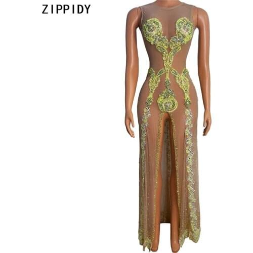 Transparent Yellow Rhinestone Split Dress Bar Prom Dance Show Clothes Birthday Celebrate Evening Mesh Long Dresses