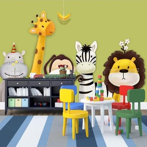 Dropship Custom Mural Wallpaper Childrens Room Bedroom Cartoon Theme Animals Painted Nursery Decor Room Wallpaper Wall Murals