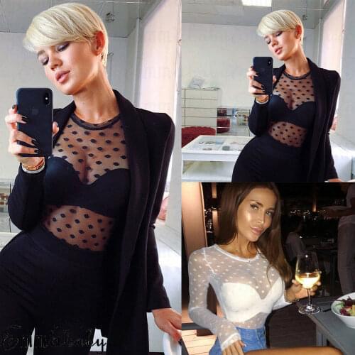 Sexy Women Long Sleeve Sheer Mesh Transparent See-through Lace Polka Dot Club Blouse Shirt Top