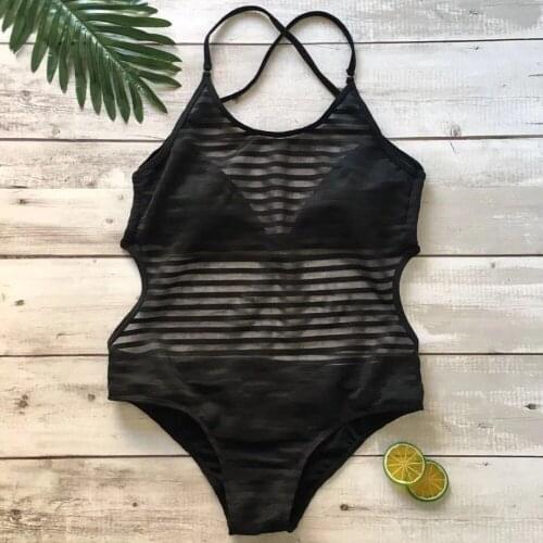Sexy Transparent Mesh One Piece Swimsuit Female Black Swimwear Women Solid Swimsuits High Waist Push Up Bathing Suit Bodysuit