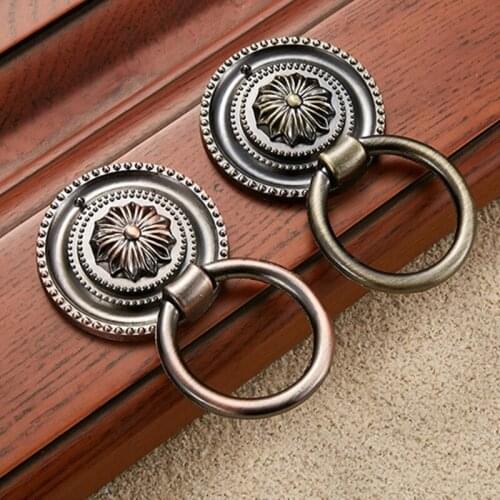 Ancient Furniture Drawer Ring Knob Vintage Cabinet Antique Brass Wardrobe Dresser Metal Zinc Round Flower Door Pull Handle