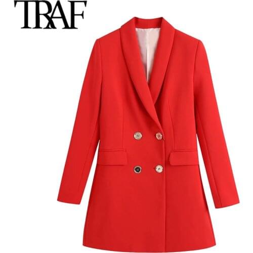 TRAF Women Fashion Office Wear Double Breasted Blazer Coat Vintage Long Sleeve Flap Pockets Female Outerwear Chic Veste