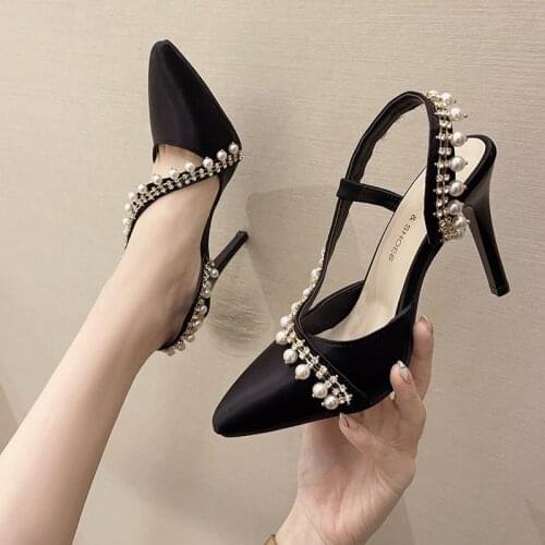 Slingback heels pearl wedding shoes women Stiletto pointed toe heels closed Party Dress evening shoes black red high heels