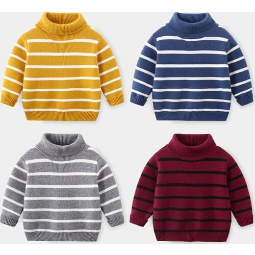 2020 Cold Winter Warm 2 3 4 6 8 10 Years 90-140cm Thickening High Neck Knitted Turtleneck Striped Sweater For Baby Kids Boys