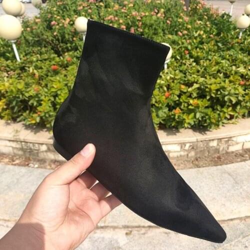 2021 Autumn Thin Boots Women Plus Velvet Pointed Flat With Short Boots Wild Black Suede Martin Ankle Booties Shoes Woman Botas