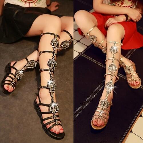 Womens Popular Rhinestone Summer Shoes Woman Open Toe Party Wedding Casual Knee Long Roman Sandals