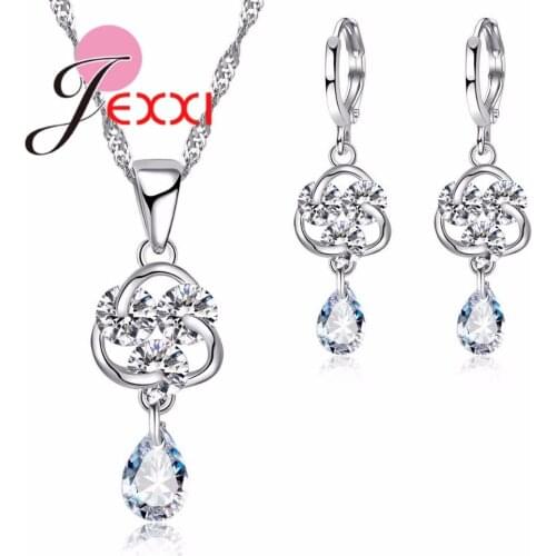 Unique Blossom Silver Jewellery with Crystal Water Drop Pendant Women Necklace Earrings Sets 925 Sterling Silver Jewelry
