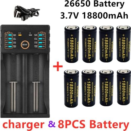 100% Original high quality 26650 battery 18800mAh 3.7V 50A lithium ion rechargeable battery for 26650 LED flashlight+ charger