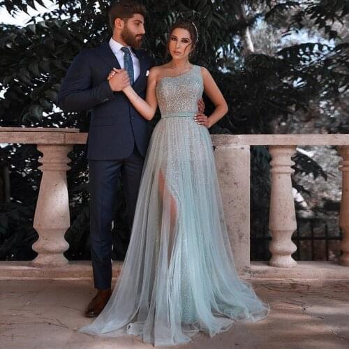 2020 Arabic Elegant Sky Blue Evening Gown Dresses One Shoulder Sequins Prom Party Dresses High Split Formal Dress robe de soiree