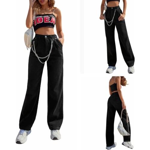 2021 New Fashion Women Solid Color Jeans Adults Loose High Waisted Straight-leg Pants with Chain Pocket (Black)