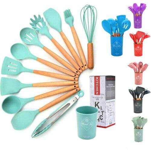 9/11PCS Silicone Cooking Utensils Set Non-Stick Spatula Shovel Wooden Handle Cooking Tools Kitchen Tool Accessories Hot Sale