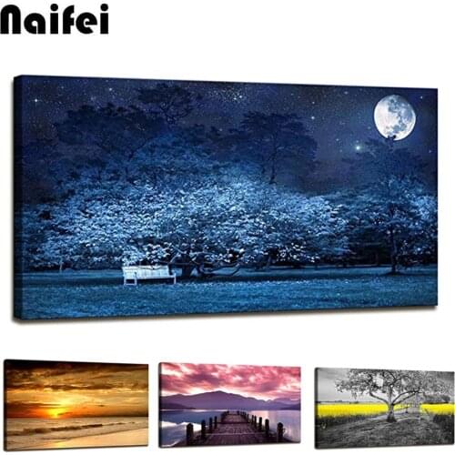 Large Size DIY Diamond Painting Moon Tree Sea Ocean Landscape Cross Stitch Full Square Round Drill Mosaic Embroidery Home Decor