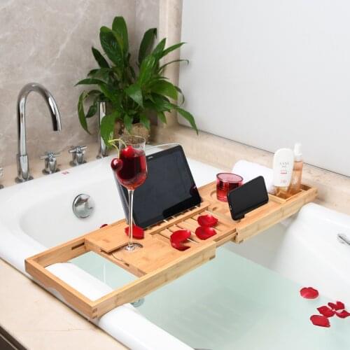 Wooden 70-105cm Bathtub Tray with Reading Rack Tablet Holder Bath Tray