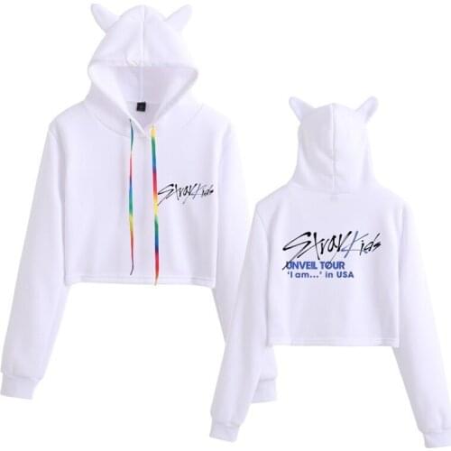 Girls Stray Kids Hoodie Women White Fashhion Sweatshirt Casual Stray Kids Letter Printed Hoodie Crop Top Kawaii Cat Ear Pullover