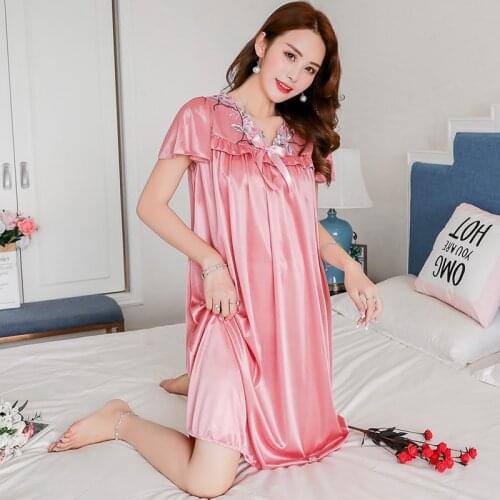 Long Soft Women Satin Nightgown Lace Sleepwear Short Sleeve Ladies Silk Nightwear Lingerie Ruffles Pleated Draped Sleepwear