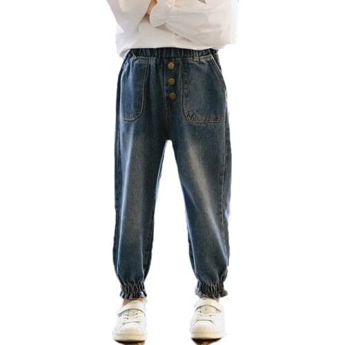High Waist Jeans for Girls Spring Childrens Jeans Girl Denim Pants Buttons Kids Jeans Autumn Casual Jeans For Girls 4 6 9 12 14