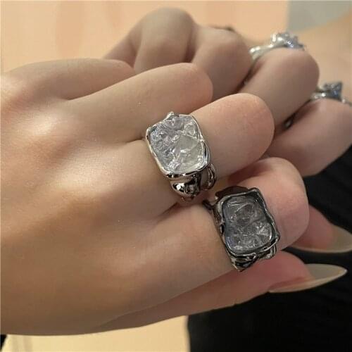 HUANZHI 2021 NEW Korean Vintage Irregular Folds Stone Hollow Metal Couple Finger Rings for Women Girls Jewelry Party Gifts