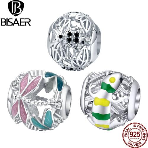 Insect Collection BISAER 925 Sterling Silver Dragonfly Lizard Bee Beads Charms Bracelets original silver 925 Jewelry Making