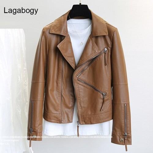 Lagabogy New Spring Autumn Short Faux PU Leather Jacket Women Black Brown Coat Zipper Long Sleeve Moto Biker Slim Outwear