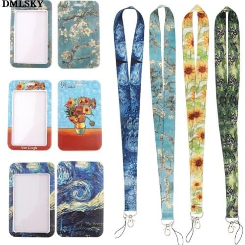 MD142 DMLSKY Vangogh Style Lanyard Keychain for keys Badge ID Mobile Phone Keyrings Women Men Neck Straps With DIY Card Cover
