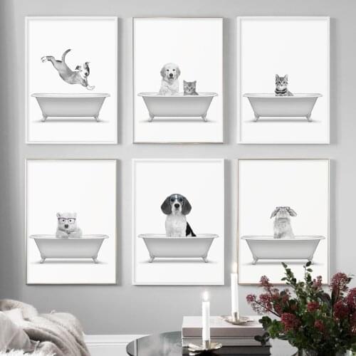 Cute Black White Dog Rabbit Bear Bathtub Wall Art Canvas Painting Nordic Posters And Prints Animal Wall Pictures Kids Room Decor