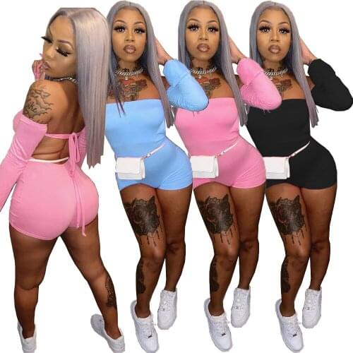 Solid Color Slash neck Playsuit Long Split Sleeve Open Back Lace Up Fitness Rompers Jumpsuits Sexy Party Club One Piece Overalls