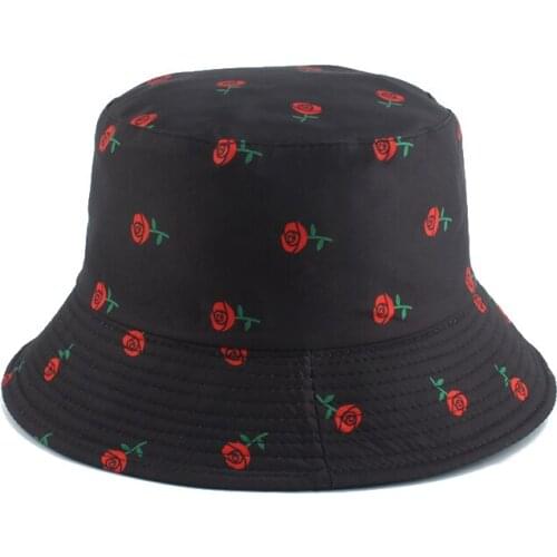 Harajuku Bucket Hat Outdoor Fishing Cap Women Gorro Bucket Rose Flower Print Bucket Hats Sunscreen Fisherman Hat